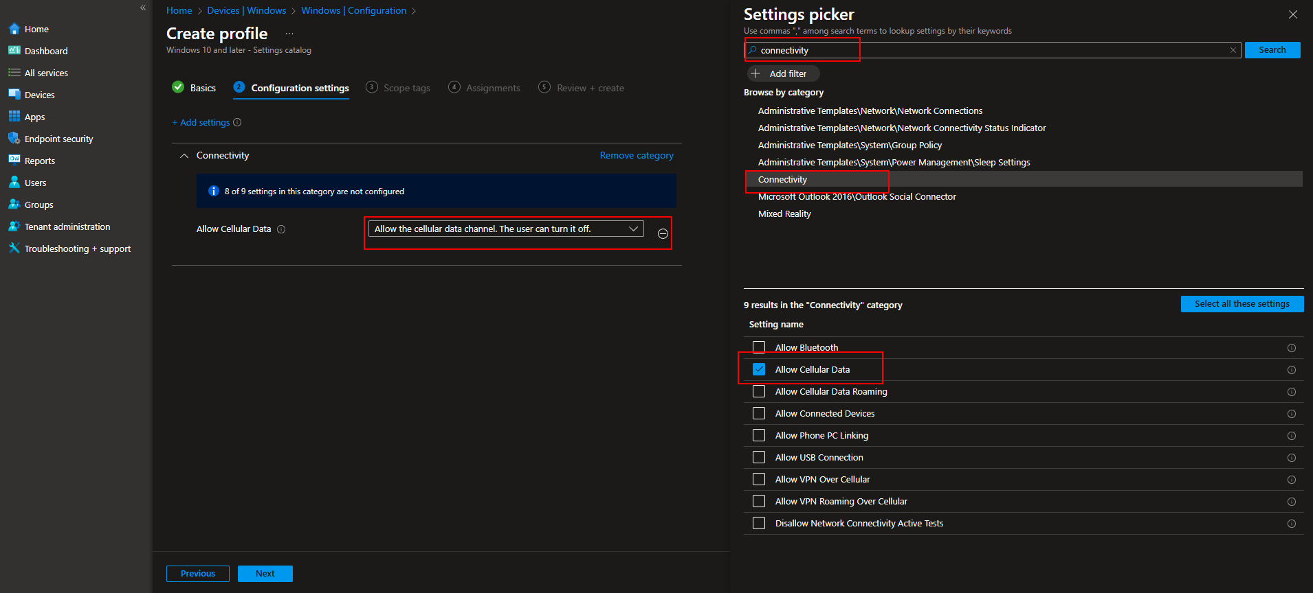 Assigning cellular data policy to groups in Intune